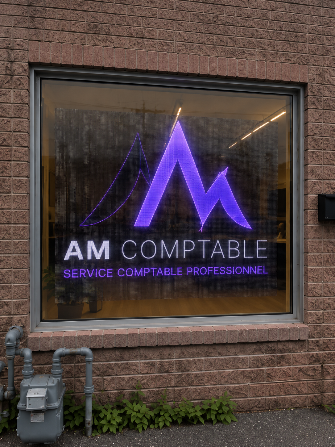 Transparent LED display mockup on the AM Comptable storefront